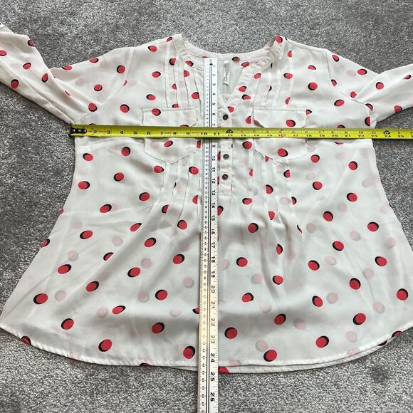 NY Collection Blouse Shirt womens 1X White Red Polka Dot Roll Tab Sleeve Light - Picture 6 of 11